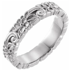 14K White Gold Floral Swirl Wedding Band Ring