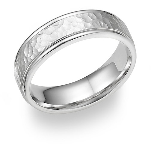 14K White Gold Hammered Wedding Band Ring