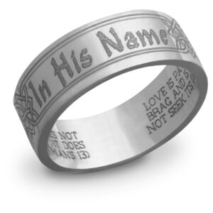 14K White Gold "In His Name" Bible Verse Ring