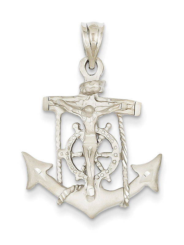 14K White Gold Mariner Anchor Cross Pendant
