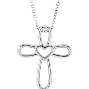 14K White Gold Open Heart Cross Necklace