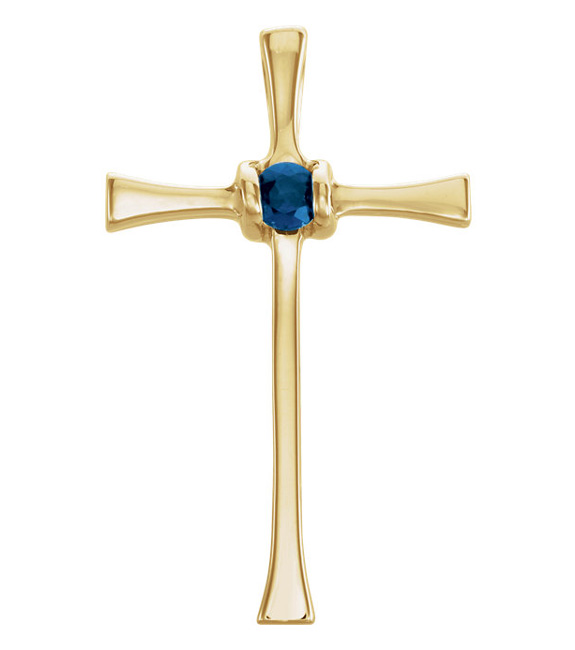 14K Yellow Gold Blue Sapphire Cross Pendant with Hidden Bale