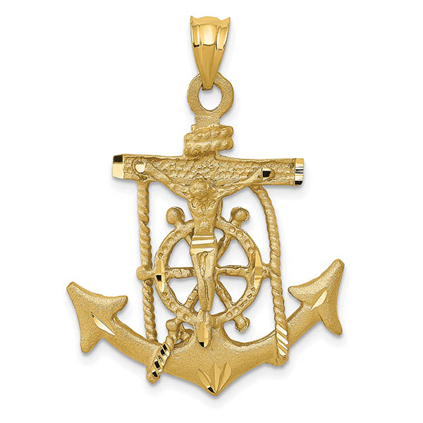 14K Yellow Gold Textured Mariner's Anchor Crucifix Pendant