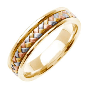 14K Yellow Gold and Tri-Color Woven Wedding Band Ring