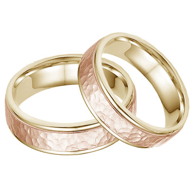 14K Yellow and Rose Gold Hammered Wedding Band Set