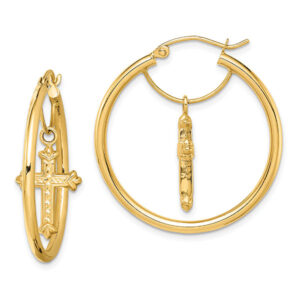 14k gold cross dangle hoop earrings