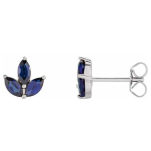 14k white gold 3 leaf blue sapphire marquise stud earrings
