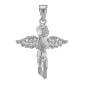 14k white gold angel pendant with diamond wings