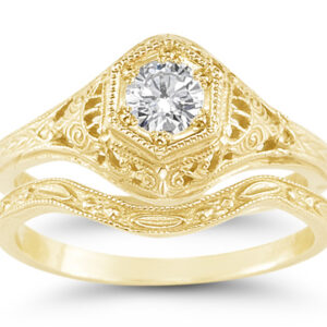 1800s Antique-Style 1/3 Carat Diamond Engagement and Wedding Ring Set, 14K Yellow Gold