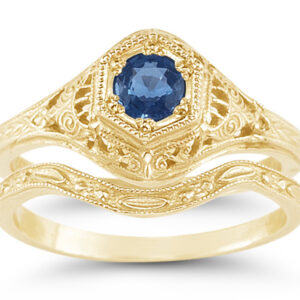 1800s Antique-Style Blue Sapphire Bridal Wedding Ring Set, 14K Yellow Gold