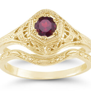 1800s Era Antique-Style Red Ruby Wedding Bridal Ring Set, 14K Yellow Gold