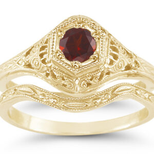 1800s Period Style Red Garnet Bridal Wedding and Engagement Ring Set in 14K Yellow Gold