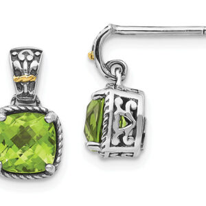 2.16 Carat Cushion-Cut Peridot Earrings in Silver with 14K Gold Accents