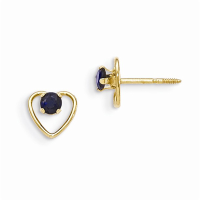 3mm Sapphire Birthstone Heart Earrings, 14K Gold