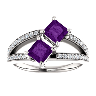4.5mm Princess Cut Amethyst Two Stone Ring in Sterling Silver