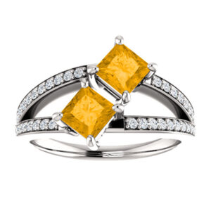 4.5mm Princess Cut Citrine and Diamond Two Stone Ring in 14K White Gold