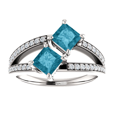 4.5mm Princess Cut London Blue Topaz and CZ 2 Stone Ring in Sterling Silver
