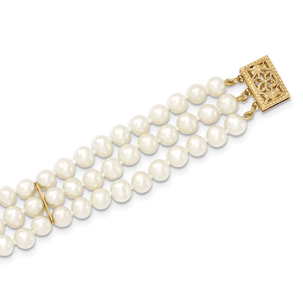 5-6mm 3-Strand Cultured Pearl Bracelet in 14K Yellow Gold