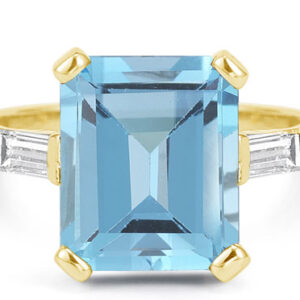 5 Carat Emerald-Cut Blue Topaz and Baguette Diamond Ring in 14K Yellow Gold