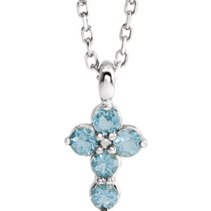 5-Stone Aquamarine Cross Necklace, 14K White Gold