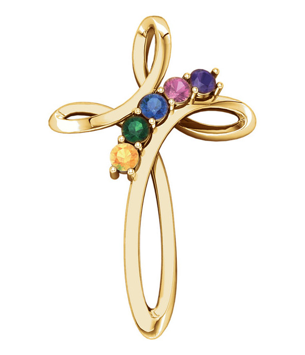 5-Stone Personalized Family Gemstone Cross Pendant in 14K Yellow Gold