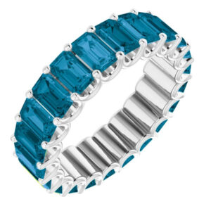 7-8 carat emerald-cut london blue topaz eternity band, 14k white gold