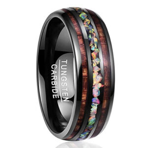8mm - Black Tungsten Hawaiian Koa Wood Opal Wedding Ring Barrel Shape 8mm - Rainbow Opal Inlay Ring (Organic colors)