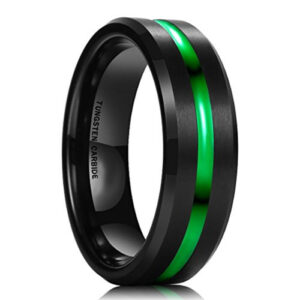 8mm - Black Tungsten Ring Green Groove with Beveled Edges
