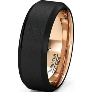 8mm - Black Tungsten Ring - Rose Gold 8mm. Beveled edges - 14k Plating Inside