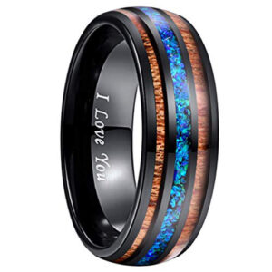 8mm - Black Tungsten Ring with Blue Opal & Hawaiian Koa Wood Tri Inlay - 8mm, Dome Shape, Comfort Fitment. I LOVE YOU engraved. (Organic colors)