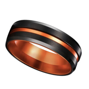 8mm - Black & Orange Brushed Tungsten Carbide Ring Beveled Edge Orange Inlay Wedding Band
