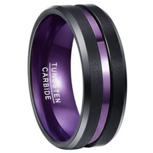 8mm - Black & Purple Tungsten Ring Matte Finish Beveled Edges Wedding Band Purple Inlay
