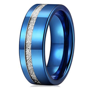 8mm - Blue Tungsten Carbide Pipe Cut Flat Ring With Offset Meteorite