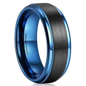 8mm - Flat Beveled Edges Black Tungsten Ring With Brushed Center And Vibrant Blue Inside and Edges