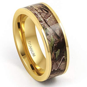 8mm - Gold Camo Ring Unisex Camouflage Wedding Band Titanium Ring. Military Ring, Army Ring - Gold Tone with Brown, Green and Tan Camouflage Carbon Fiber Inlay