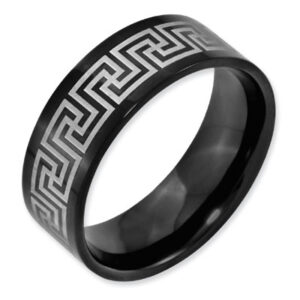 8mm Greek Key Black Titanium Laser Etched Ring