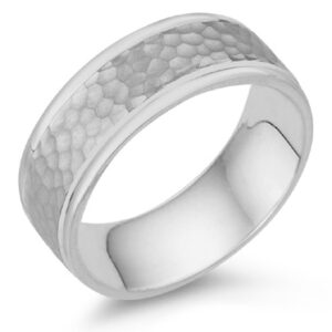 8mm Hammered Wedding Band Ring in 18K White Gold