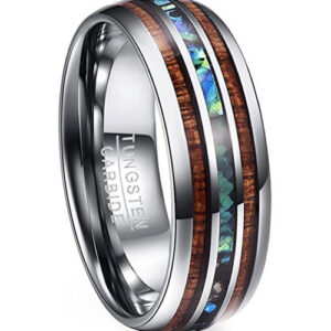 8mm - Koa Wood Abalone Tungsten Two Tone Wedding Ring Central Abalone 8mm (Rainbow Organic Colors)