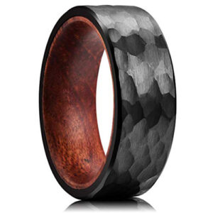 8mm - Koa Wood Wedding Ring - Hammer Finish - Satin Black Brushed - Tungsten Band - Hawaiian Koa Wood - 8mm