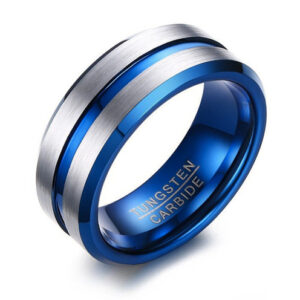 8mm - Silver and Blue Tungsten Carbide Wedding Band with Beveled edges.