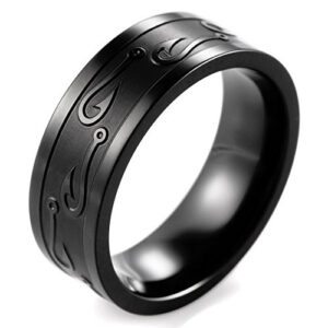 8mm - Simple Artistic Fishing Hook Pattern Ring Engraved Flat Steel Ring (Black Tone)