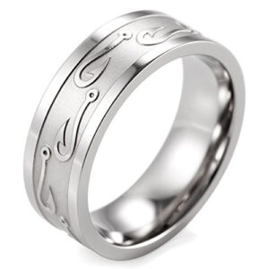 8mm - Simple Artistic Fishing Hook Pattern Ring Engraved Flat Steel Ring (Silver Tone)