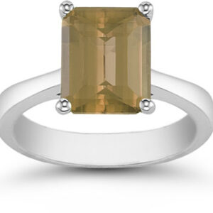 8mm x 6mm Emerald Cut Smoky Quartz Solitaire Ring, 14K White Gold