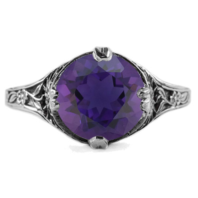 9mm Round Amethyst Floral Design Vintage Style Ring in 14K White Gold