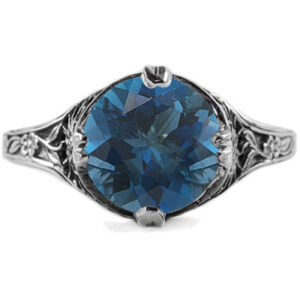 9mm Round London Blue Topaz Floral Design Vintage Style Ring in 14K White Gold