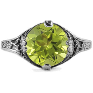 9mm Round Peridot Floral Design Vintage Style Ring in 14K White Gold