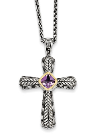 Amethyst Cross Necklace, Sterling Silver & 14K Gold