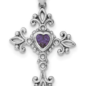 Amethyst Heart Cross Necklace in Sterling Silver