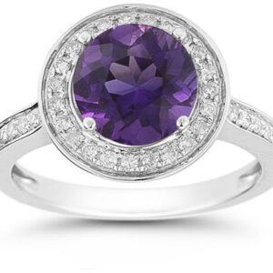 Amethyst and Diamond Halo Ring in 14K White Gold