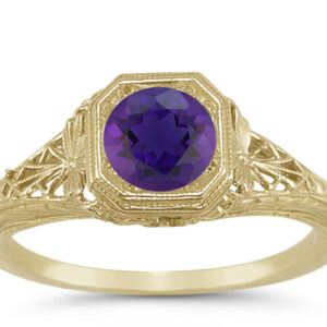 Antique-Inspired Lattice Filigree Purple Amethyst Ring in 14K Yellow Gold